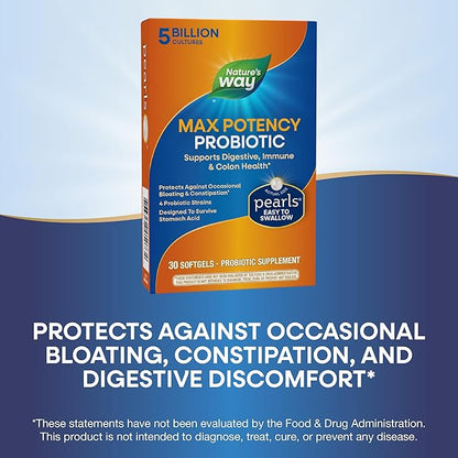 Nature's Way Max Potency Probiotic Pearls for Men and Women, Supports Digestive, Immune, Colon Health*, 5 Billion Live Cultures, No Refrigeration Required, 30 Softgels (Packaging May Vary) (Pack of 2)