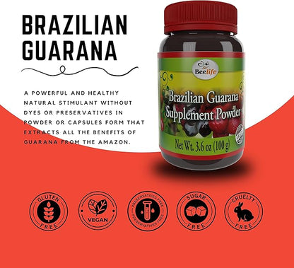 Beelife Brazilian Guarana Powder - Natural Caffeine Supplements from Brazil - Energy & Mental Focus, Muscle Strength Support - Zero Gluten, No Sugar Vegan Pre Workout for Men & Women - 100g