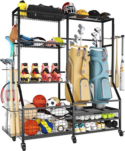 Gadroad Sports Equipment Organizer, Ball Rack, Gear & Ball Storage - Garage Organizer with Baskets, Hooks & Rolling Cart - Black