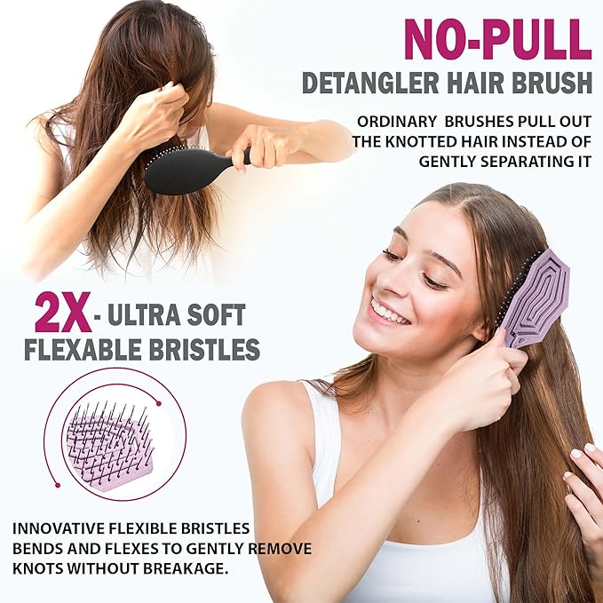 Fiora Naturals Bio-friendly Hair Detangler, Round Brush, and Comb Set for Women - All Hair Types: Natural, Fine & Curly - Ideal for Detangling and Blow Drying