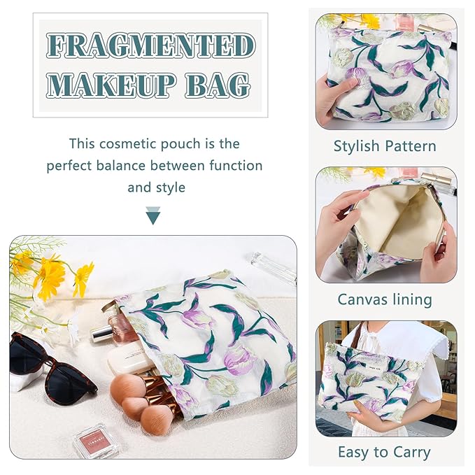 ZLFSRQ Tulip Makeup Bag Travel Cute Purple Flower Floral Cosmetic Bags for Women Large Embroidery Toiletry Pouch Zipper Cosmetic Pouch for Purse Aesthetic Makeup Organizer Bag Portable Toiletry Bags