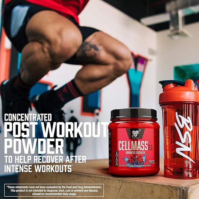 BSN CELLMASS 2.0 Post Workout Recovery with BCAA, Creatine, & Glutamine - Keto Friendly - Blue Raz, (25 Servings)