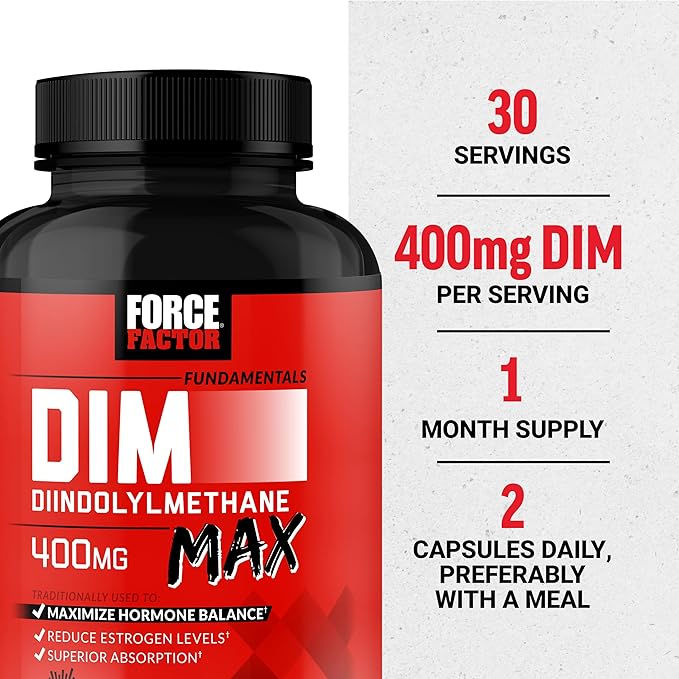 FORCE FACTOR DIM Max, DIM Supplement for Men to Support Hormone Balance and Estrogen Balance, Maximum Strength Diindolylmethane, Superior Absorption, 400mg, 60 Capsules