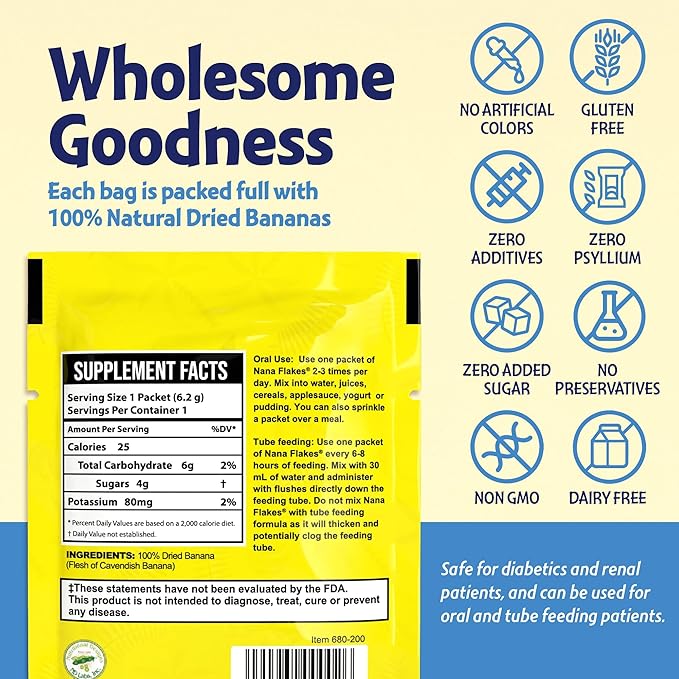 Nutritional Designs Nana Flakes Anti-Diarrheal Banana Powder, IBS Relief & Heart Burn Remedy, 100% Pure Banana Flakes Medical Food - Natural - High Protein& Fiber (50 Single-Serve Packs)