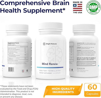 Mind Renew - Brain Supplement Supports Memory, Focus, and Cognition - with Lion's Mane and Ginkgo Biloba Extract - Made in The USA, 60 Capsules