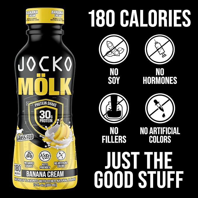 Jocko Mölk 30g Grass Fed Protein Shakes – No Added Sugar Protein Drinks KETO Friendly - Ready to Drink 12 FL Oz (Pack of 12) Banana Cream