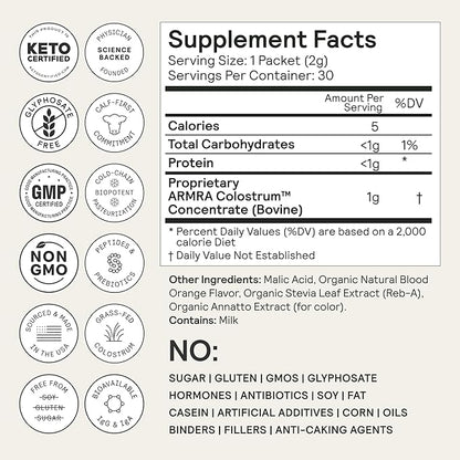 ARMRA Colostrum™ Premium Powder, Grass Fed, Gut Health Bloating Immunity Skin & Hair, Contains 400+ Bioactive Nutrients, Potent Bioavailable, Keto, Gluten & Fat Free (Blood Orange | 30 Servings)