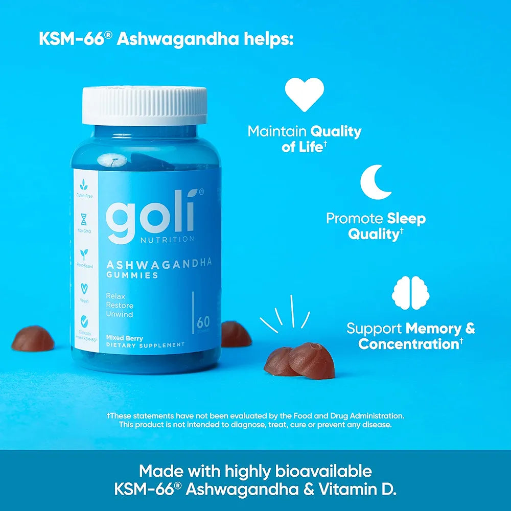 Goli Ashwagandha & Vitamin D Gummy - 180 Count - Mixed Berry, KSM-66, Vegan, Plant Based, Non-GMO, Gluten-Free & Gelatin Free Relax. Restore. Unwind, Pack of 3
