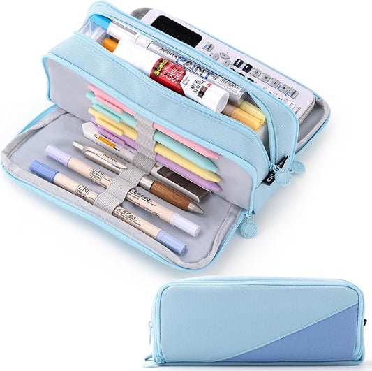 CICIMELON Big Capacity Pencil Case 3 Compartments Pen Pouch Bag Multifunctional Organizer for School Office, Haze Blue