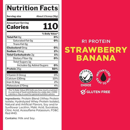 Rule One Proteins R1 Protein - 25g Fast-Acting, Super-Pure 100% Isolate and Hydrolysate Protein Powder with 6g BCAAs (2 Pounds*, Strawberry Banana)
