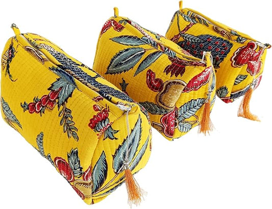 Rastogi Handicrafts Cosmetic Bags Set, 3 Piece Make Up Organizer Bag Storage Bags with Zipper Closure (3, Yellow, Design-8)