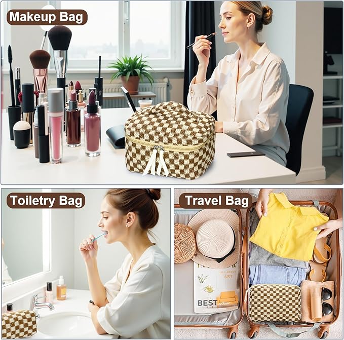 Quilted Makeup Bag Set, 3Pcs Large Checkered Corduroy Cosmetic Bags, Cute Coquette Makeup Bag Toiletry Zipper Pouch Bag for Women and Girls Checkered