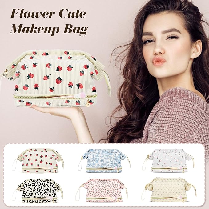 Makeup Bag for Women, Large Make Up Bag Corduroy Cosmetic Bag for Girls, Make up Travel Bag Essentials, Strawbery Cute Toiletry Bag for Women Travel Size Toiletries Bag
