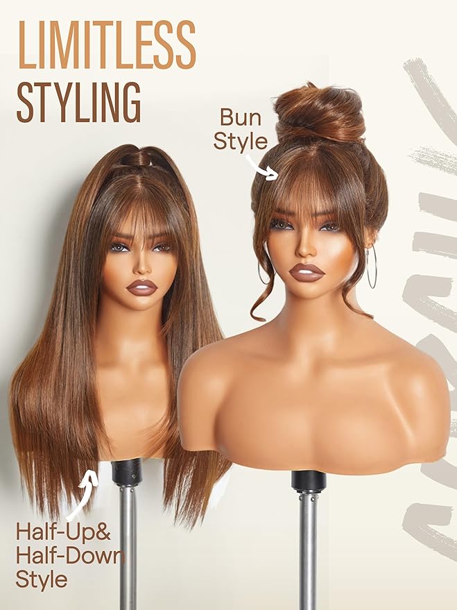 GORGIUS Straight Glueless Wig with Bangs Medium Brown Layered Hair Ready-to-Go Synthetic Bang Wigs with Realistic Scalp 24 Inch