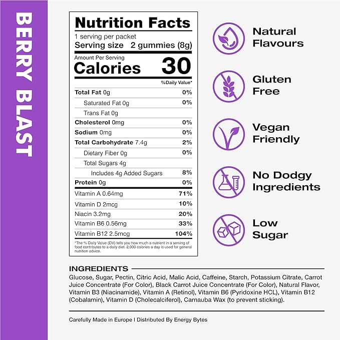 Energy Bytes Caffeine Gummies | Instant Energy Chews for Running, Cycling and Sports Performance | Vegan, Low Sugar | Berry Blast (12-Pack)