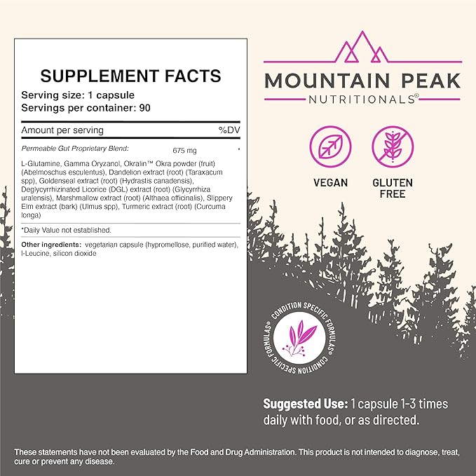 Mountain Peak Nutritionals Permeable Gut Formula - Helps Protect Stomach & Intestinal Lining - Leaky Gut & Gastro Support Supplement - Hypoallergenic Dietary Supplement (90 Vegetarian Capsules)