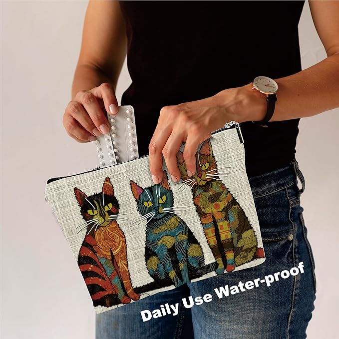 Vintage Makeup Bag - Three Cute Cats - Art Drawing Theme Cosmetic Bag, Toiletry Bag, Gift For Girls, Besties, Personal Care & Accessories - A23