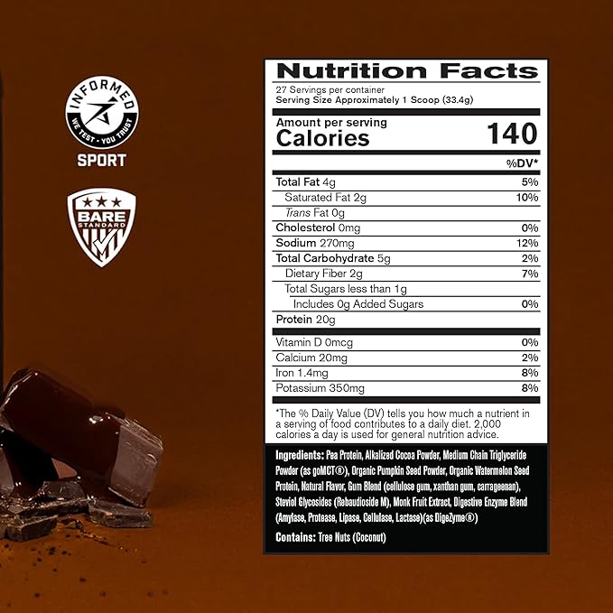 BARE PERFORMANCE NUTRITION Vegan Protein, Plant Based Protein, Pea Protein, Watermelon Protein and Pumpkin Protein, Naturally Sweetened and Flavored (27 Servings, Chocolate)