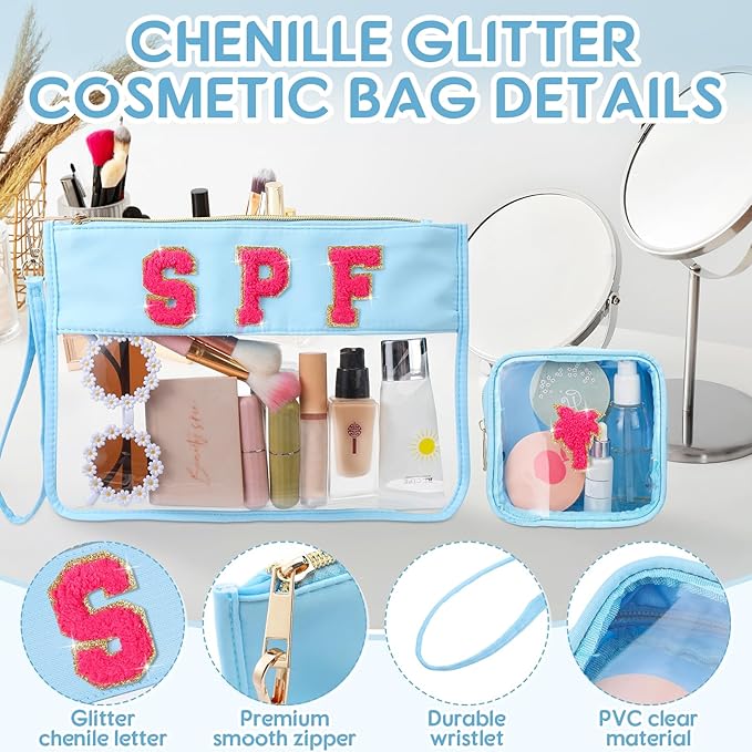 Hillban 2 Pcs Clear SPF Makeup Bag Chenille Letter Patch Sunscreen Bag Preppy Pouch Clear Cosmetic Toiletry Zipper Pouch Summer Beach Pool Sunscreen Purse