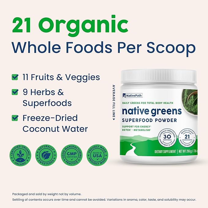 NativePath Native Greens Superfood Powder - Daily Super Greens Powder with Organic Greens and Superfoods to Support Detox, Thyroid, and Gut Health for Energy and Positive Body Changes, 30 Servings