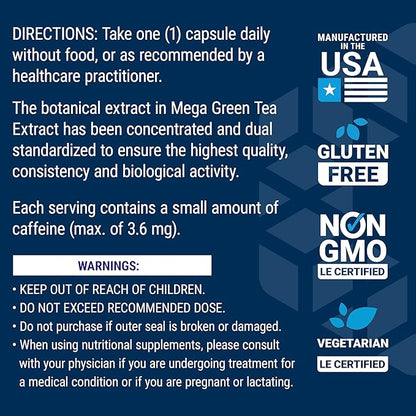 Life Extension Decaffeinated Mega Green Tea Extract – Polyphenol-Rich, Cell Health, Heart Health, Brain Health, Antioxidant Protection – Non-GMO, Gluten-Free, Vegetarian – 100 Capsules