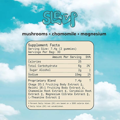 SuperMush Sleep Gummies for Adults - Mushroom Supplement with Magnesium Citrate, L-Theanine, Chaga, Reishi & Chamomile for Deep Sleep, REM & Detox - Vegan & Sugar-Free - 60 Gummies (30 Servings)