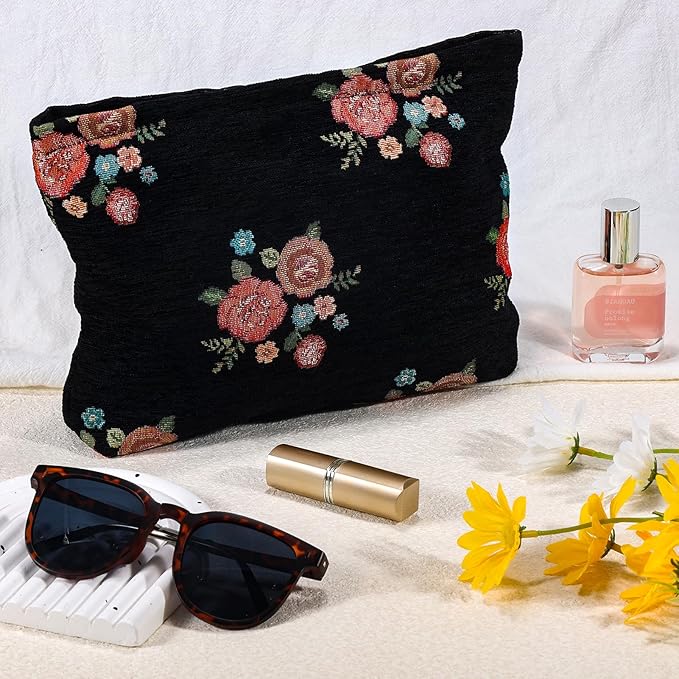 Flower Makeup Bag Travel Floral Cosmetic Bag Large Zipper Makeup Pouch Vintage Black Toiletry Bag for Women Girls Mom Grandma Friend Coworker Teacher Her Bridesmaids Girlfriend Gift