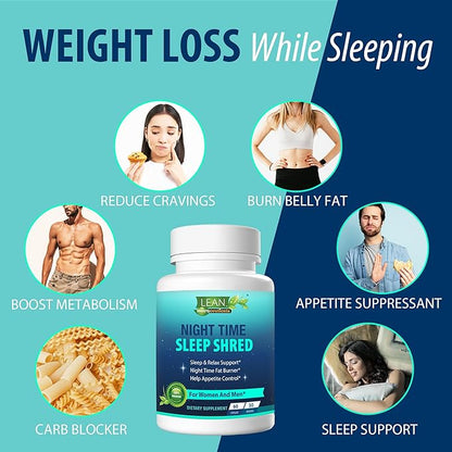 Weight Loss Sleep Aid Night Time Shred Fast Fat Burner, Melatonin L-theanine Cla Ashwagandha Valerian Root 5HTP Pill, Appetite Suppressant Metabolism Booster Calm Supplement for Women Men, 60 Capsule
