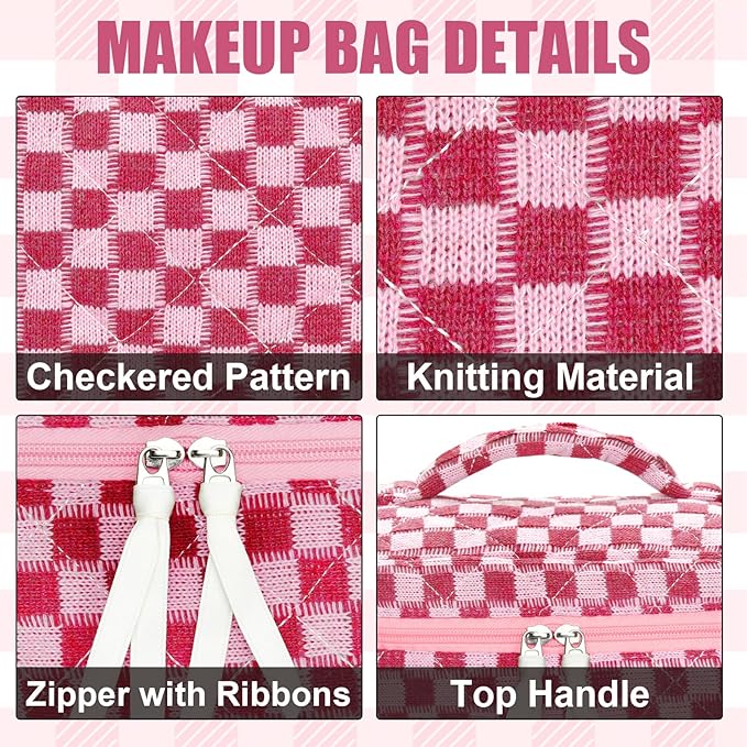 Quilted Makeup Bag Set, 3Pcs Large Checkered Corduroy Cosmetic Bags, Cute Coquette Makeup Bag Toiletry Zipper Pouch Bag for Women and Girls Checkered