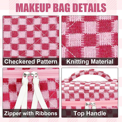 Quilted Makeup Bag Set, 3Pcs Large Checkered Corduroy Cosmetic Bags, Cute Coquette Makeup Bag Toiletry Zipper Pouch Bag for Women and Girls Checkered