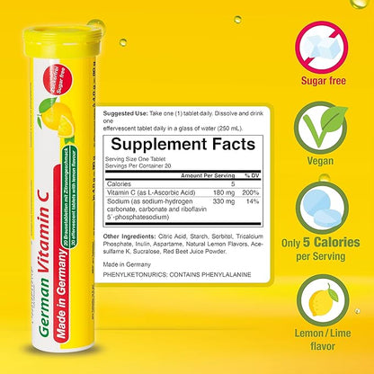 T&D German Vitamin C 180 mg - 60 Vegan Drink Effervescent Tablets - Lemon Lime Flavor - Made in Germany