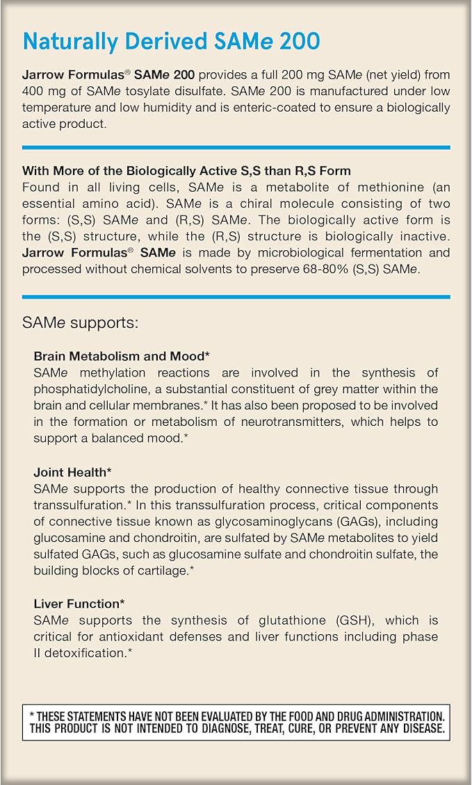 Jarrow Formulas® SAMe 200 mg, Supports Joint Health, Liver Function, Brain Metabolism, 60 Tablets, Up To A 60 Day Supply