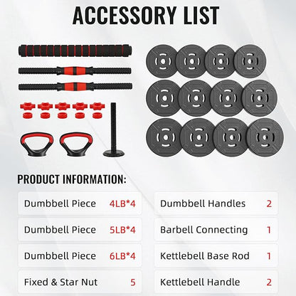 Multi-Functional Portable Changeable Dumbbell and Barbell Kettlebell Set with Adjustable Weights, Multiple Styles, 40LBS or 60LBS Sets