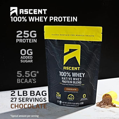 Ascent 100% Whey Protein Powder - Post Workout Whey Protein Isolate, Zero Artificial Flavors & Sweeteners, Gluten Free, 5.5g BCAA, 2.6g Leucine, Essential Amino Acids, Chocolate 2 lb
