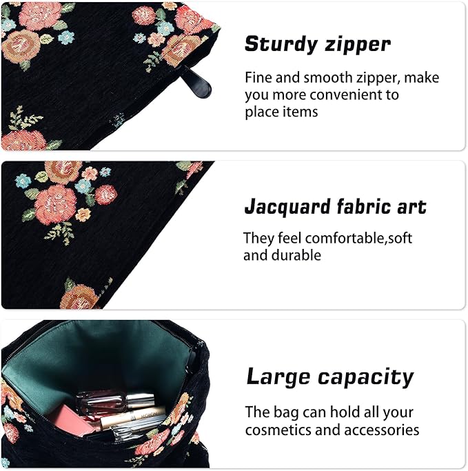 Flower Makeup Bag Travel Floral Cosmetic Bag Large Zipper Makeup Pouch Vintage Black Toiletry Bag for Women Girls Mom Grandma Friend Coworker Teacher Her Bridesmaids Girlfriend Gift