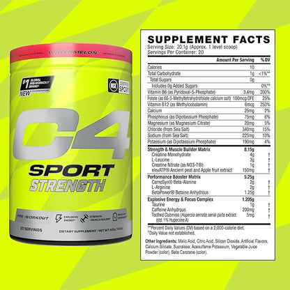 Cellucor C4 Sport Strength Pre Workout Powder - NSF Certified for Sport - Beta-Alanine, Creatine, 200mg Caffeine - Sugar Free Energy Supplement for Men & Women - Watermelon, 20 Servings