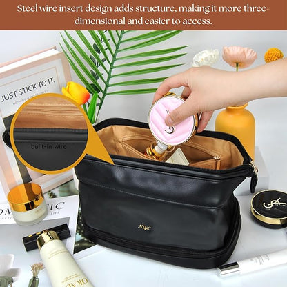NGIL Faux Leather Cosmetic Bag for Women, Makeup Bag Organizer, Makeup Brush Storage, Portable Travel Bag for Toiletries (Solid, Black, Medium)