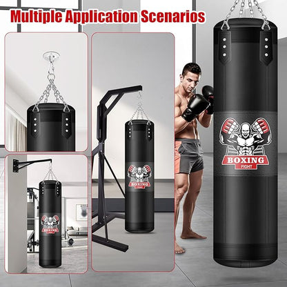 Hanging Punching Bag for Adults, 4ft PU Leather Heavy Boxing Bag Set, Hanging Bag Boxing Equipment for MMA Karate Kickboxing Boxing Home Gym, Unfilled