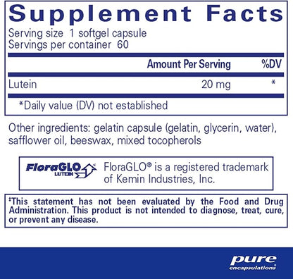 Pure Encapsulations Lutein 20 mg | Hypoallergenic Antioxidant Support for Healthy Visual Function | 60 Softgel Capsules