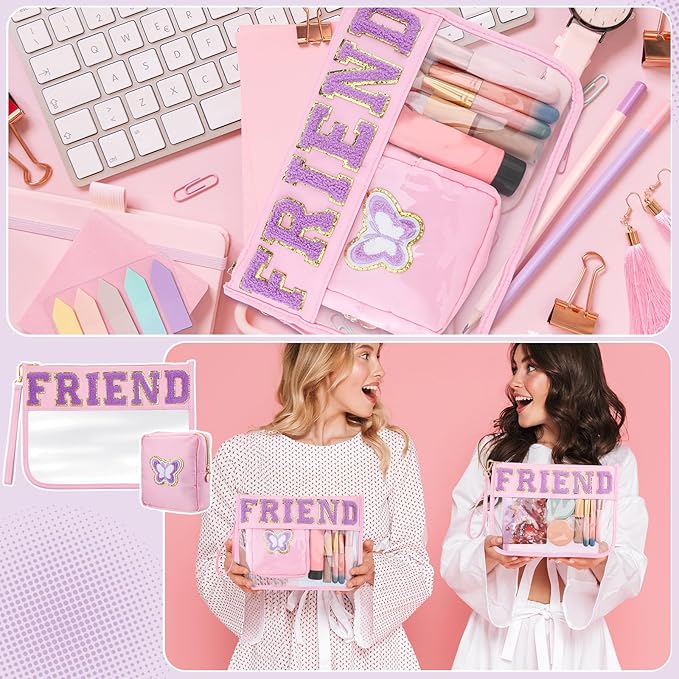 Hillban 2 Pcs Friends Makeup Cosmetic Bag Friendship Gifts for Women Chenille Letter Bag Clear Toiletry Pouch Travel Purse with Zipper Friendsgiving Birthday Gift