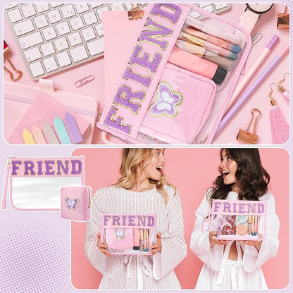Hillban 2 Pcs Friends Makeup Cosmetic Bag Friendship Gifts for Women Chenille Letter Bag Clear Toiletry Pouch Travel Purse with Zipper Friendsgiving Birthday Gift