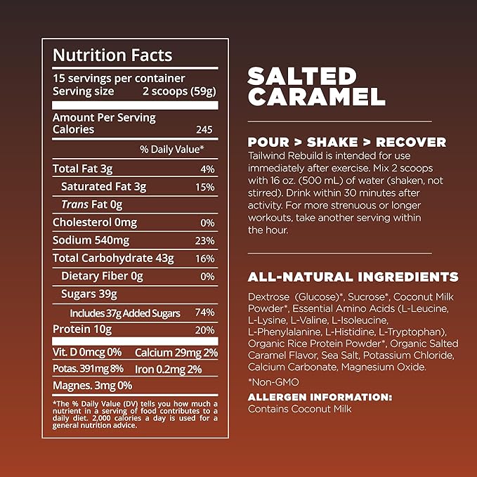 Tailwind Nutrition Recovery Mix, Complete Protein, Carbohydrates, and Electrolytes Powder Drink Mix for Post-Workout, Free of Gluten, Soy, and Dairy, Vegan, 15 Servings, Salted Caramel