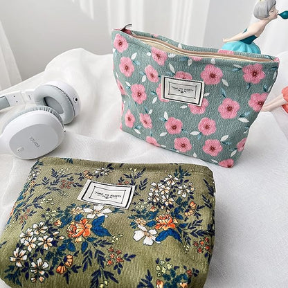 Flower Fabric Makeup Bag for Purse, Vintage Corduroy Cosmetic Pouch Bag, Portable Travel Handbag for Women Girls (Cherry)