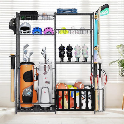 HOMREST Sports Equipment Storage,2 Golf Bag Storage Stand, Ball Holder, Garage Sports Organizer with Basket and Hooks, Sports Ball Storage for Toy Sports Gear Storage, Black