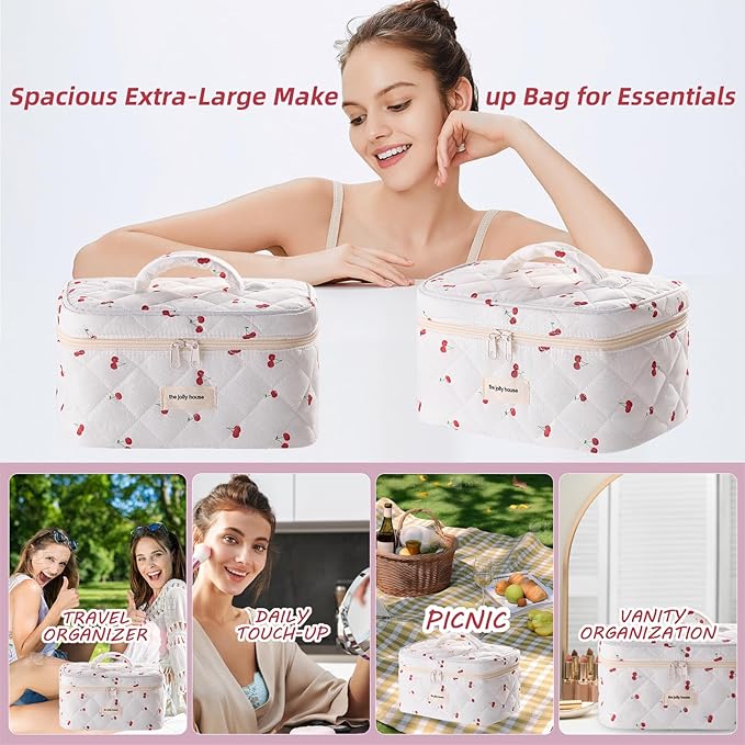 Cute Pink Cherry Quilted Makeup Bag, Large Capacity Travel Cosmetic Bag for Women and Girls, Aesthetic Storage for Daily and Travel Use,or for travel toiletry bag