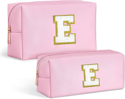 TOPEAST Preppy Stuff Tween Girls Gifts, 2 PCS Makeup Pouch Makeup Organizer Bag PU Leather Chenille Letters Waterproof Cosmetic Bag Personalized Gifts Idea For Women, Pink E