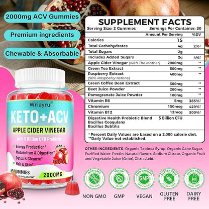 Apple Cider Vinegar Gummies, Fast Ripped Keto ACV Gummies, Max Strength 2000mg, Formulated with Green Tea, B6 & B12, Probiotics, ACV Gummies for Metabolism, Digestion, Detox & Cleanse, 120 Gummies