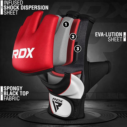 RDX MMA Gloves Grappling Sparring, Maya Hide Leather, Boxing Gloves Men Women Muay Thai Martial Arts Training, Half Finger Adjustable Mitts Wrist Support Kickboxing Cage Fighting Punching Bag Workout