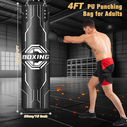 Hanging Punching Bag for Adults, 4ft PU Leather Heavy Boxing Bag Set, Hanging Bag Boxing Equipment for MMA Karate Kickboxing Boxing Home Gym, Unfilled