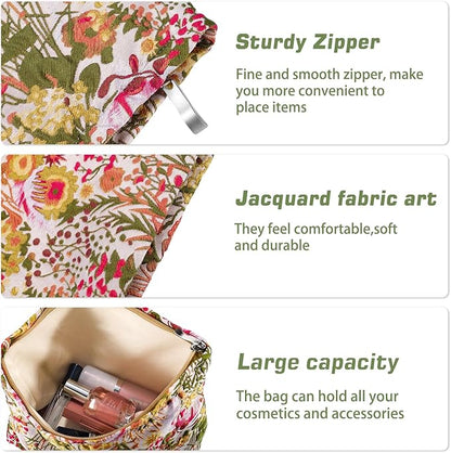 Flower Makeup Bag Travel Large Floral Cosmetic Bag for Women Cute Makeup Pouch Zipper Cosmetic Pouch for Purse Jacquard Aesthetic Skincare Organizer Bag Portable Toiletry Bag (Garden)